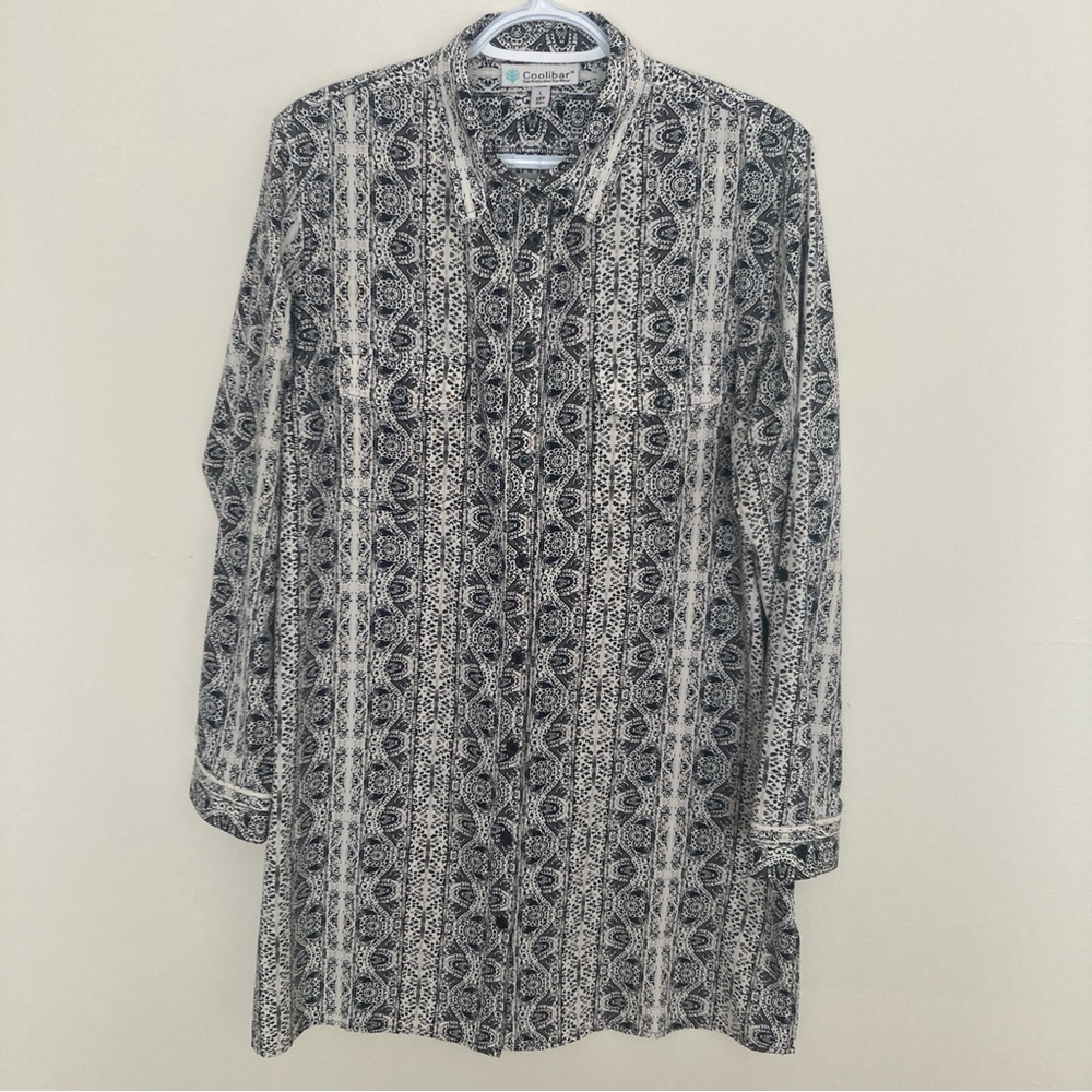 Coolibar UPF women’s Dress Button Up Geometric Black White Size L